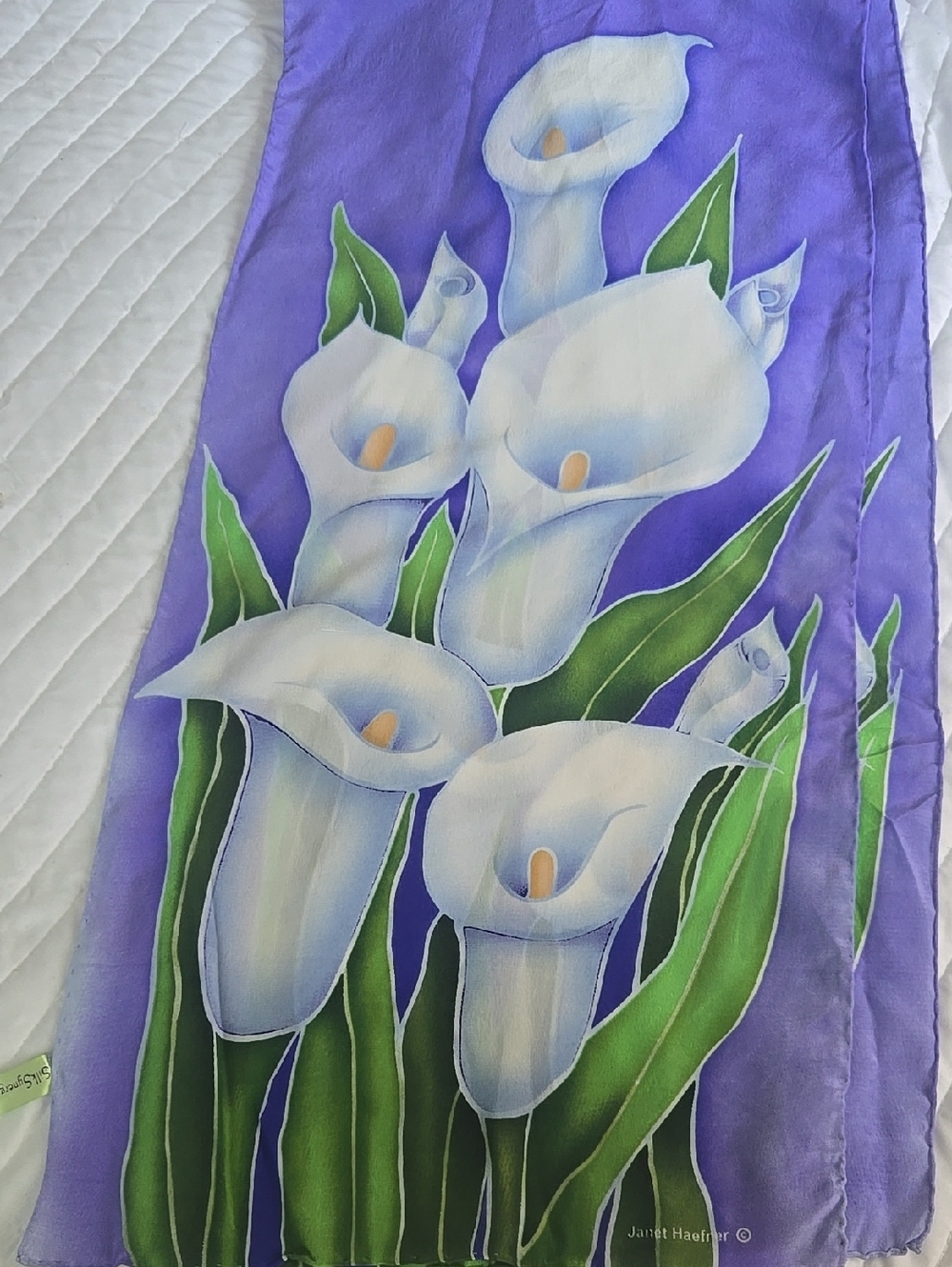 Purple Calla Lily 100%Silk Scarf Vtg JANET HAEFNER SILK SYNERGY MADE IN SHANGAI